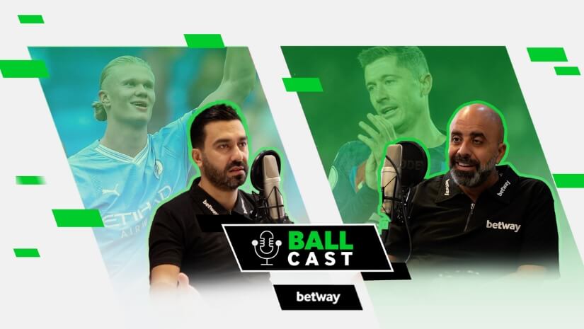 Split image of two podcast hosts in a studio, with overlayed images of two soccer players in the background. The BALL CAST and betway arabia logos are prominently featured at the center, capturing the dynamic energy where sports and insightful commentary intersect.
