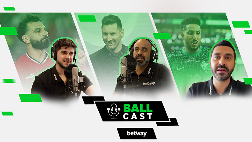 Podcast promotion: Four men in microphones and sports jerseys are featured in a grid layout against a green and white backdrop with the title Ball Cast, powered by Betway Arabia.
