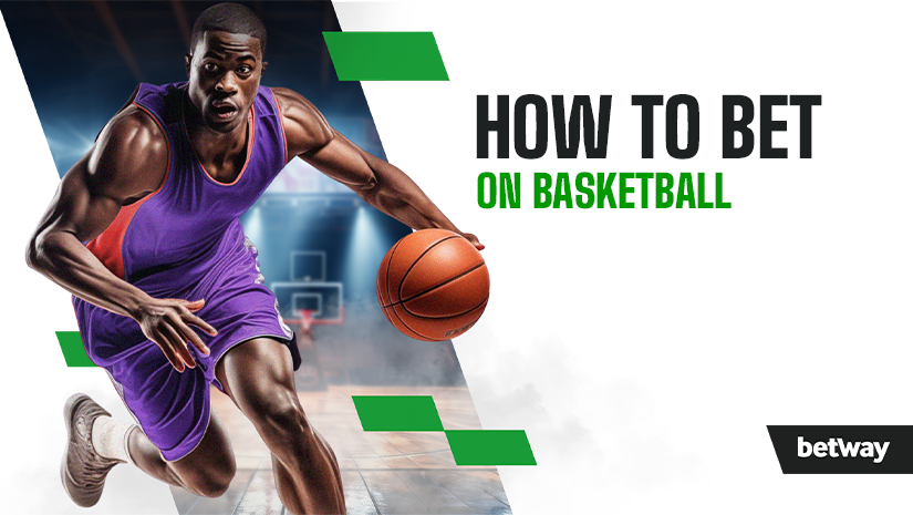 A basketball player in a purple jersey dribbles the ball on a court. Text reads, How to Bet on Basketball. Betway logo is in the lower right corner.