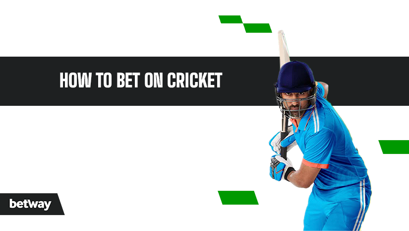 A cricket player in blue gear poses with a bat on a graphic labeled How to Bet on Cricket. Betway logo is present.