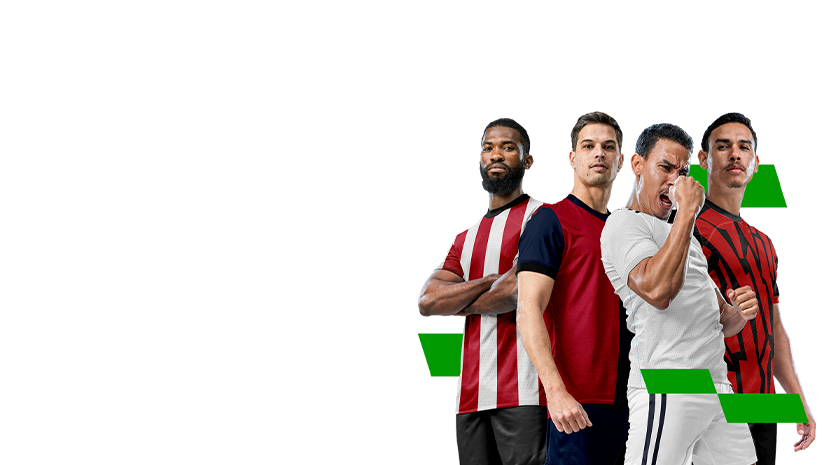 Four men in different sports jerseys stand side by side against a white background with green geometric shapes.