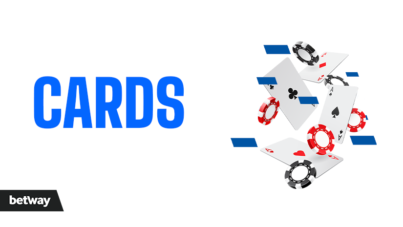The image features the word CARDS in bold blue letters on the left. On the right, playing cards and poker chips are dynamically arranged against a white background. Betway logo is in the bottom left corner.