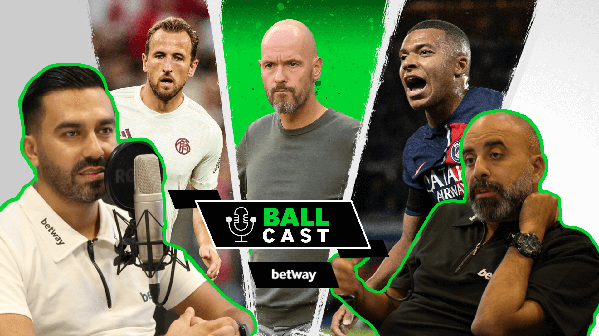 تظهر لافتة ترويجية لـ "Ball Cast" مضيفين يحيطان بالشعار المركزي. وخلفهما، تبرز صور لاعبي كرة القدم ومدربهم بخطوط خضراء. كما يظهر شعار Betway Arabia بشكل بارز، مما يضفي لمسة دولية.